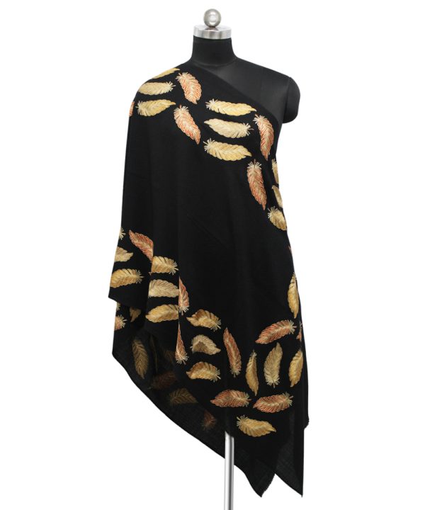 Black handloom pashmina stole with golden aari embroidery