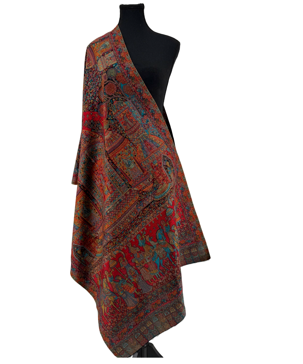 Royal Rust Red Woven Shawl with Mughal Court & Procession Motifs