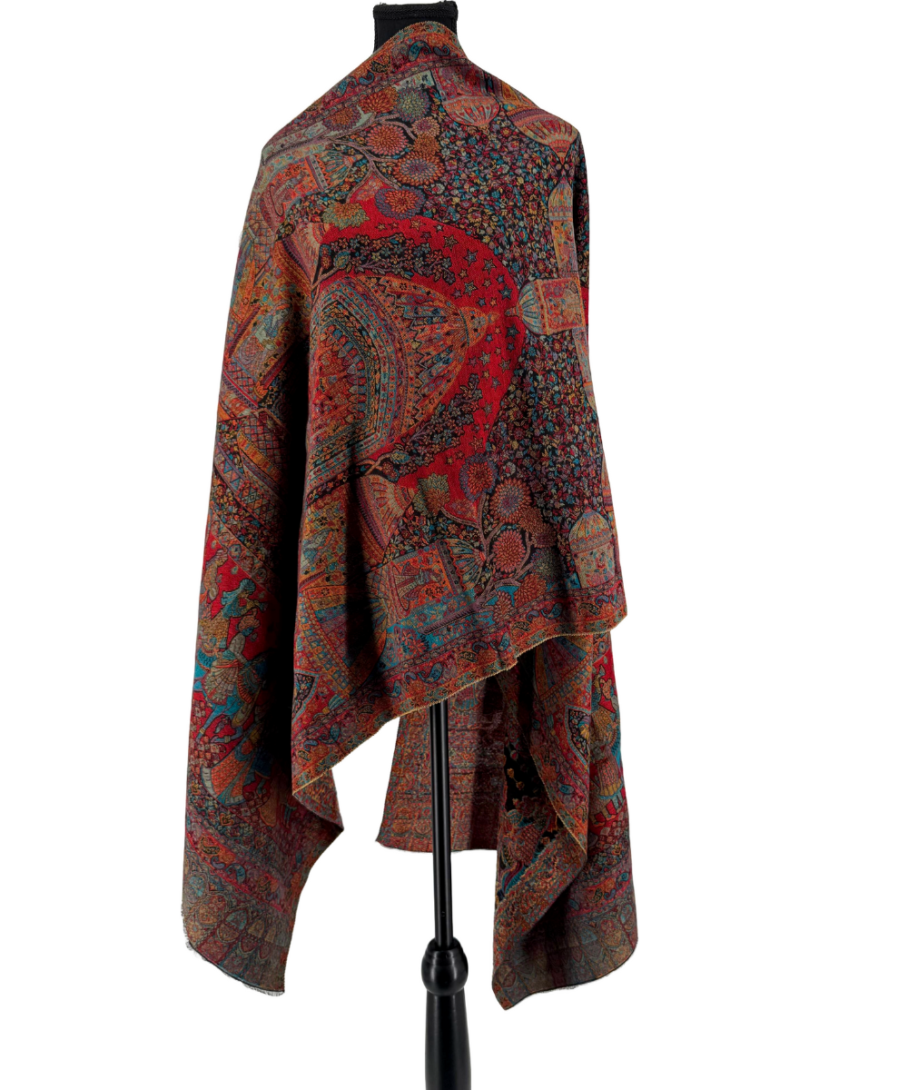 Royal Rust Red Woven Shawl with Mughal Court & Procession Motifs - Image 2